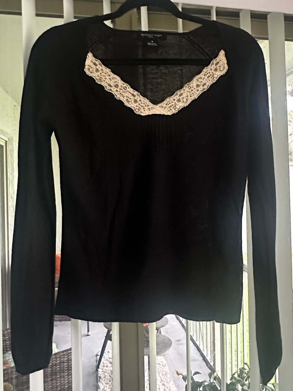 august silk Black Long Sleeve Top with Cream Lace V-Neck